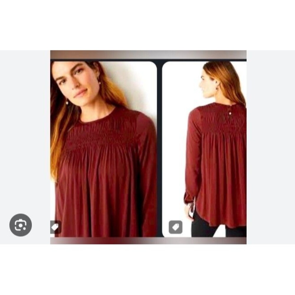 J Jill Top Women Med Petite Red Brown Viscose Smocked Peasant Tunic Boho Career